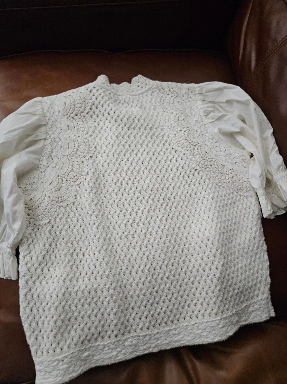 Anthropologie Crochet Zip-Front Puff Sleeve Top Medium - Picture 7 of 7